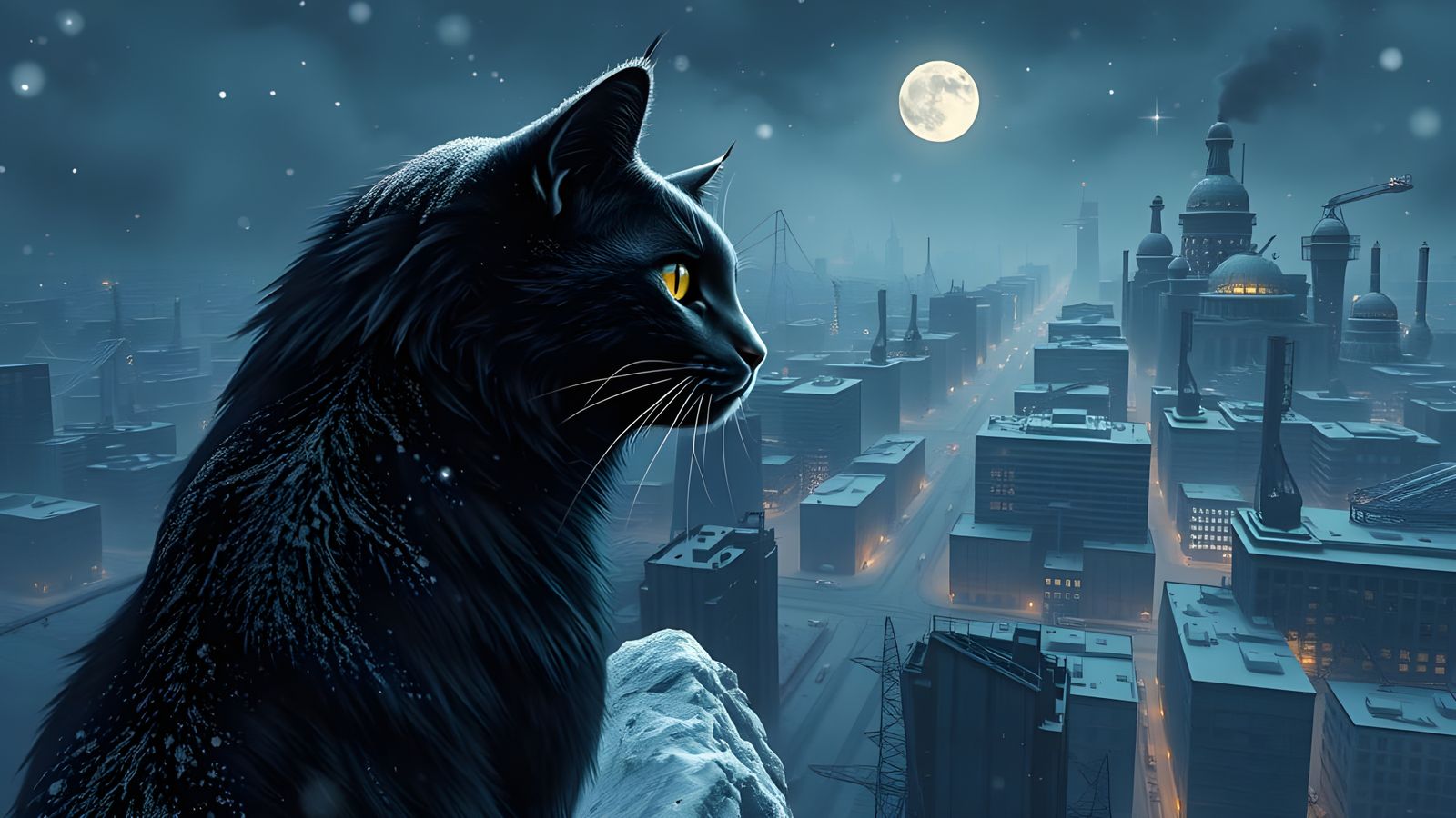 Realistic Winter Dystopian Scene with a Majestic Black Cat