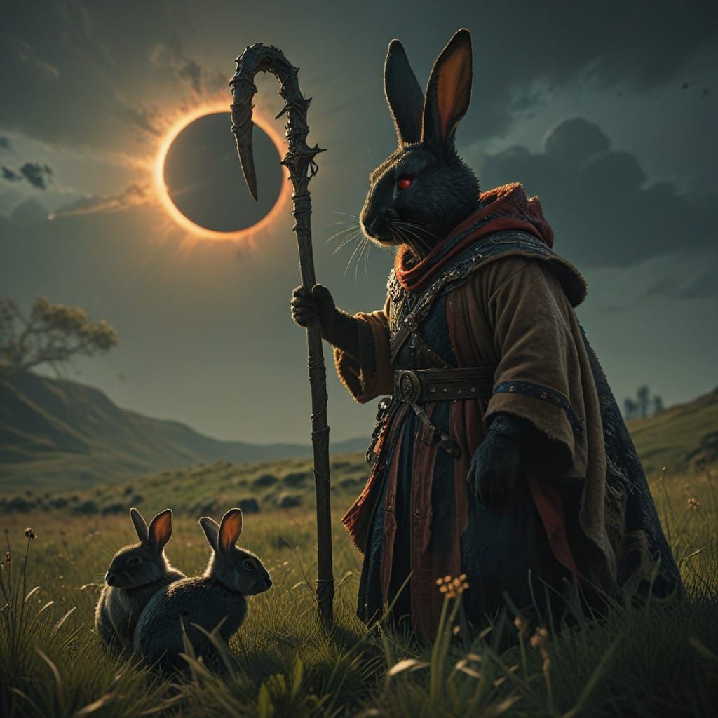 Eerie Shepherd Rabbit Stands Vigilant Amidst Grasslands Ecli...