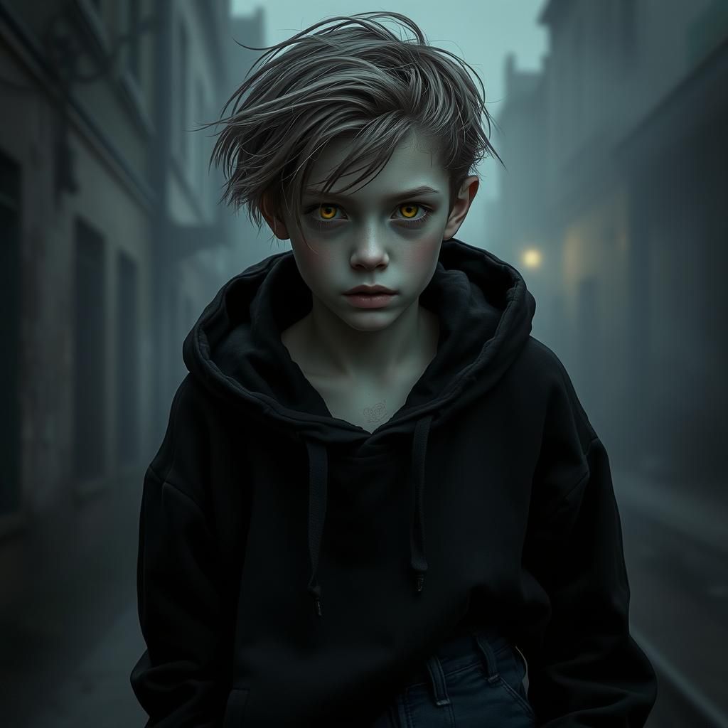 Eerie Teen with Glowing Eyes in Dark Urban Fantasy