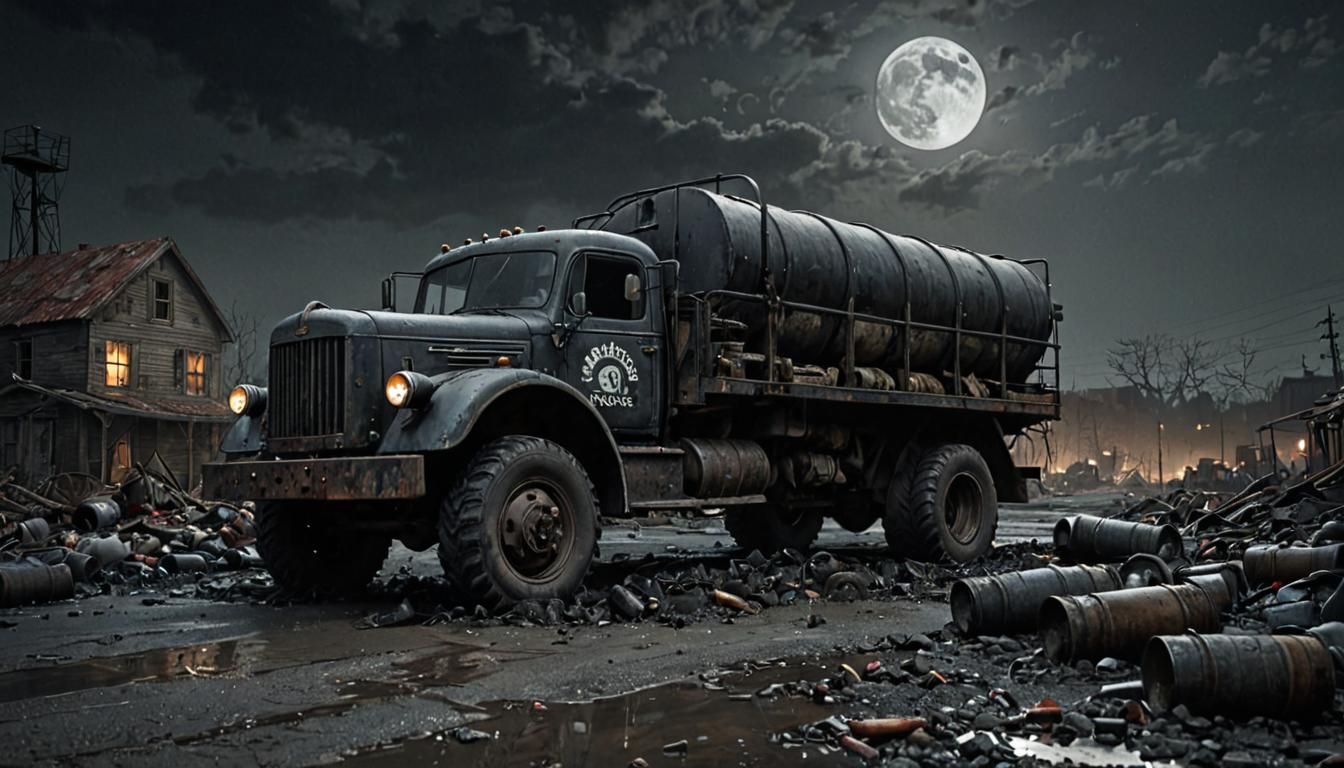 Menacing Black Truck in 1940s Industrial Wasteland