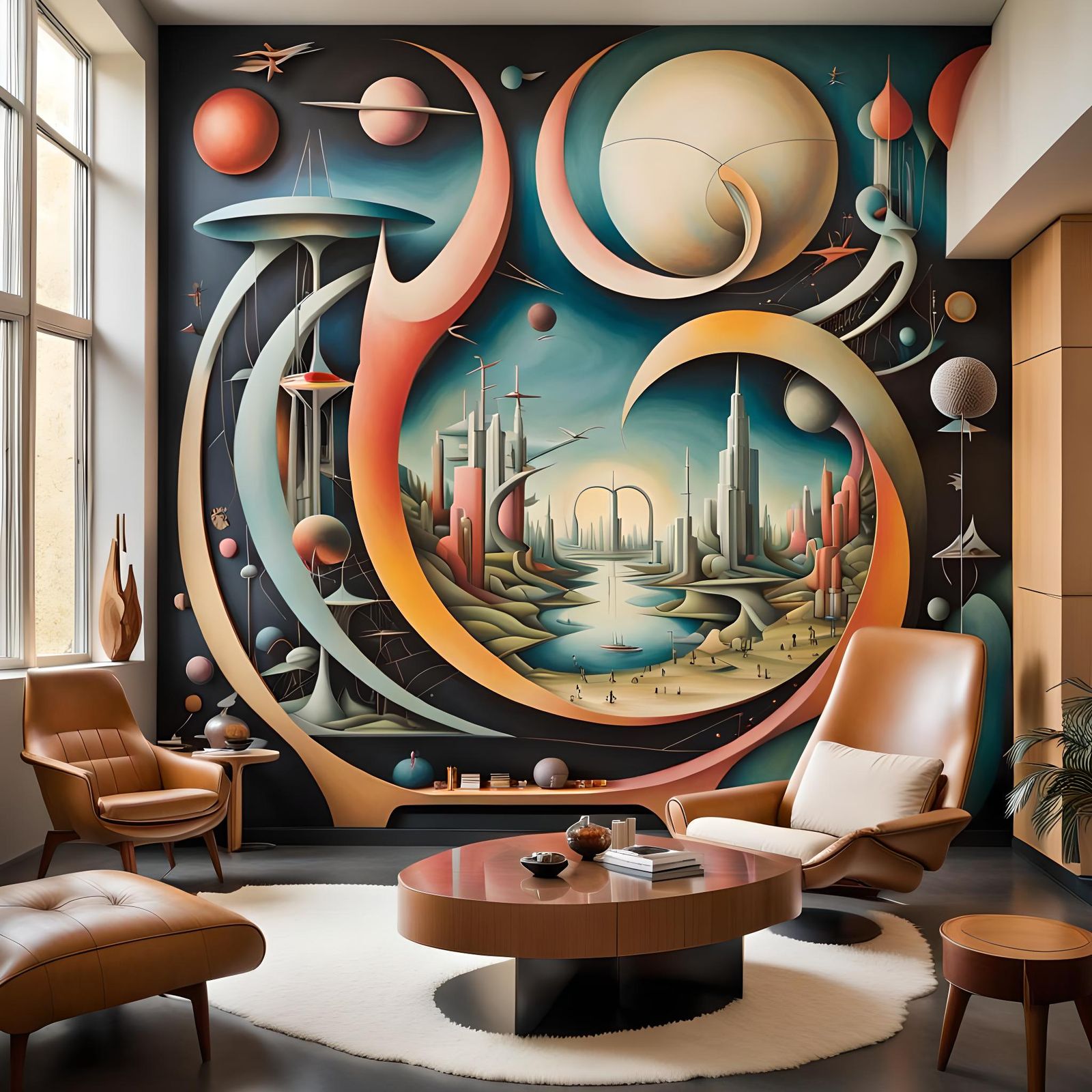 Surreal Sci-Fi Mural in Art Deco Style