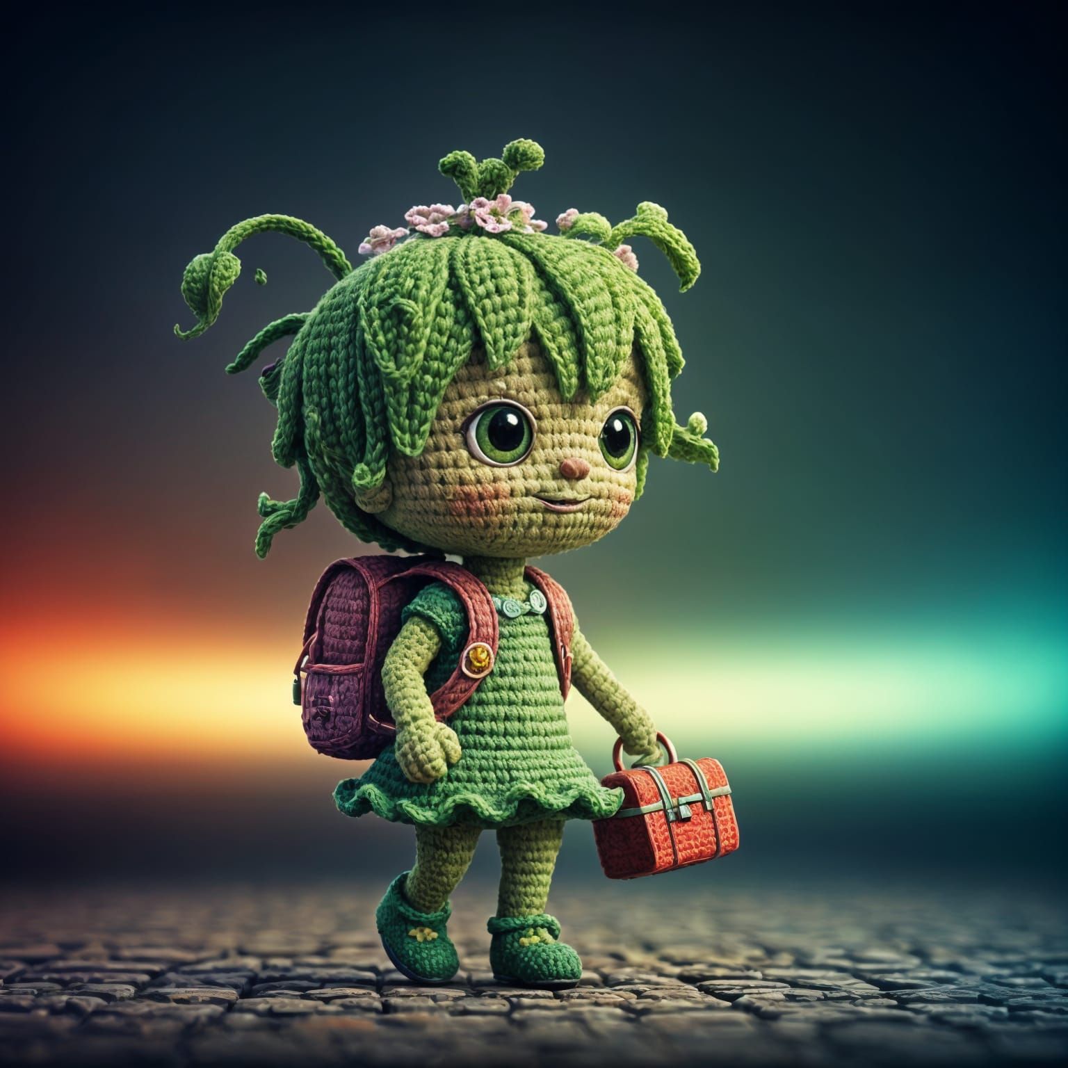 Crocheted Plant Girl Goes to School