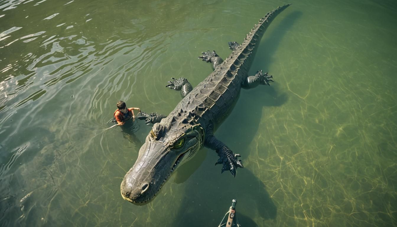 Underwater Alligator View from Boat: Cinematic Film Still