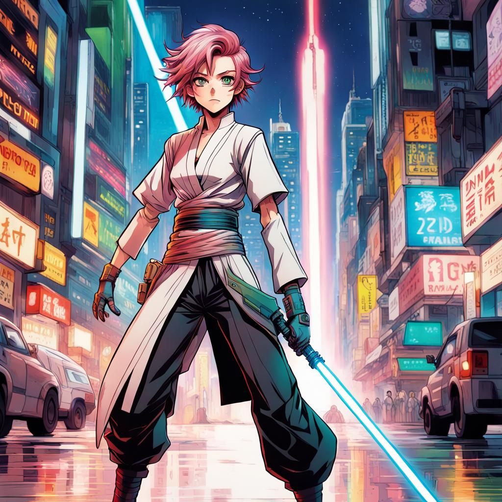 Anime Jedi in Futuristic City, Manga Style