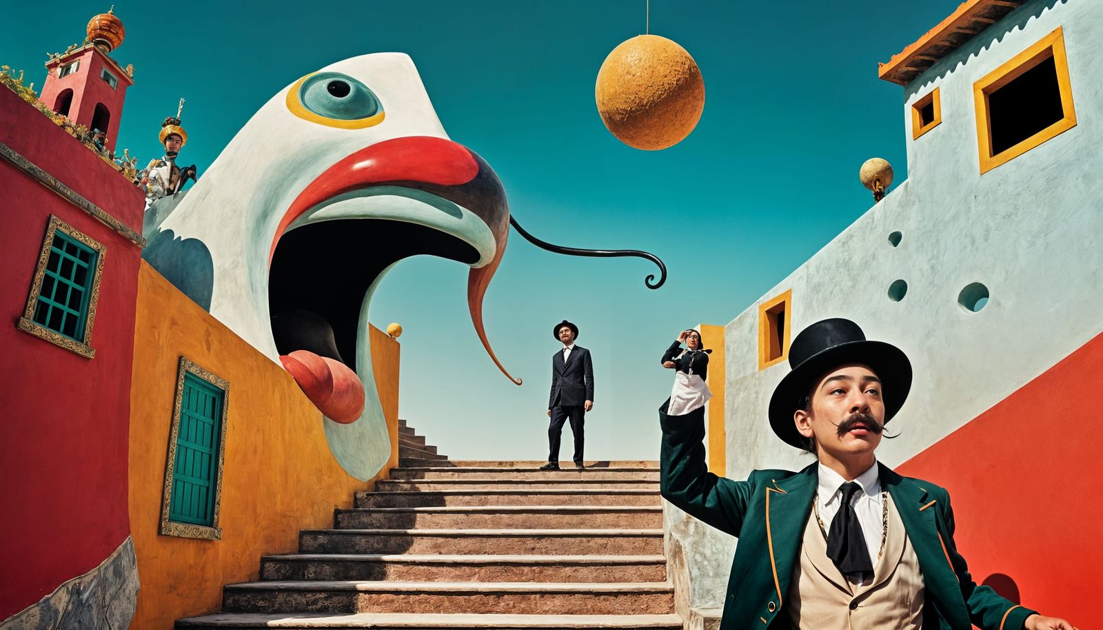 Surreal Moustache Man and Staircase Woman