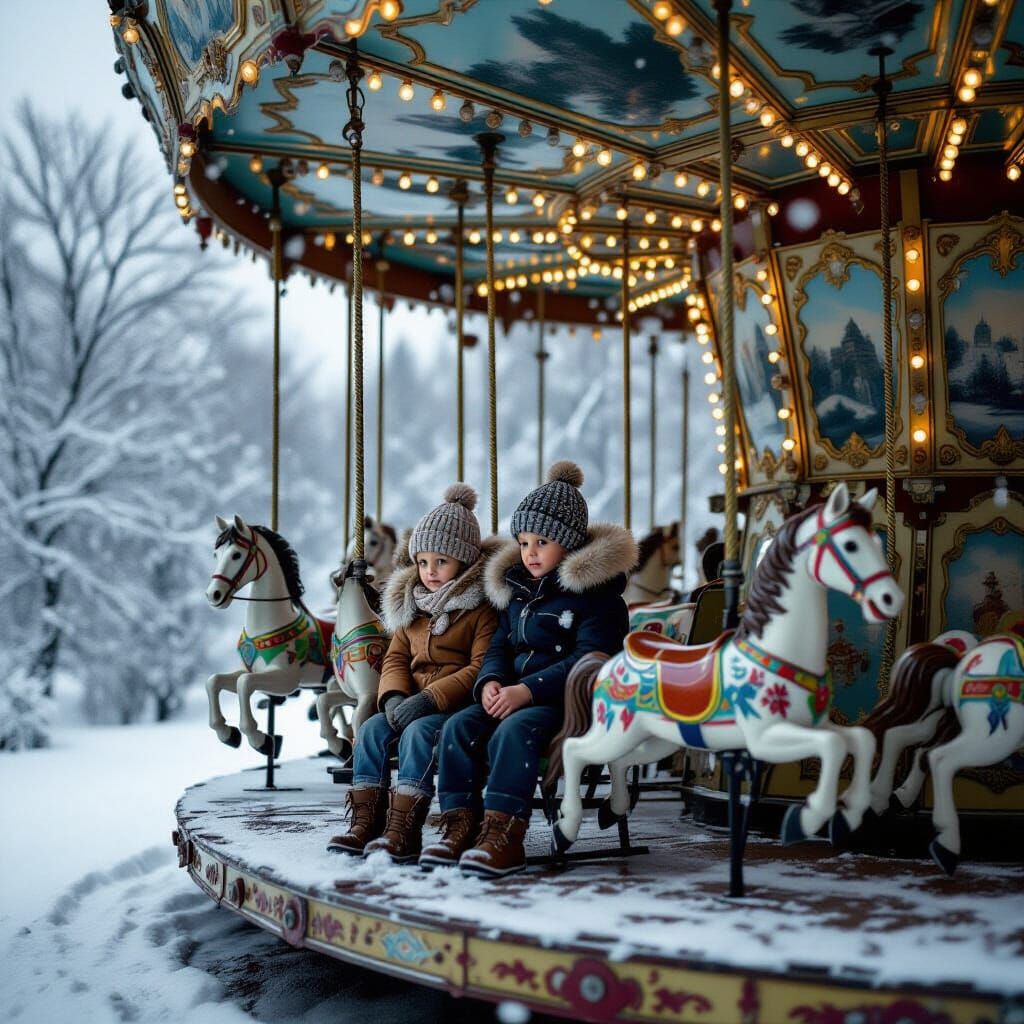 Children in Abandoned Carousel in Winter Snow