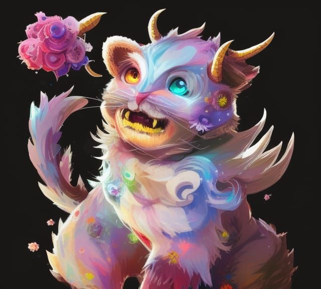 Fluffy Chimera Portrait in Colorful Forest Landscape