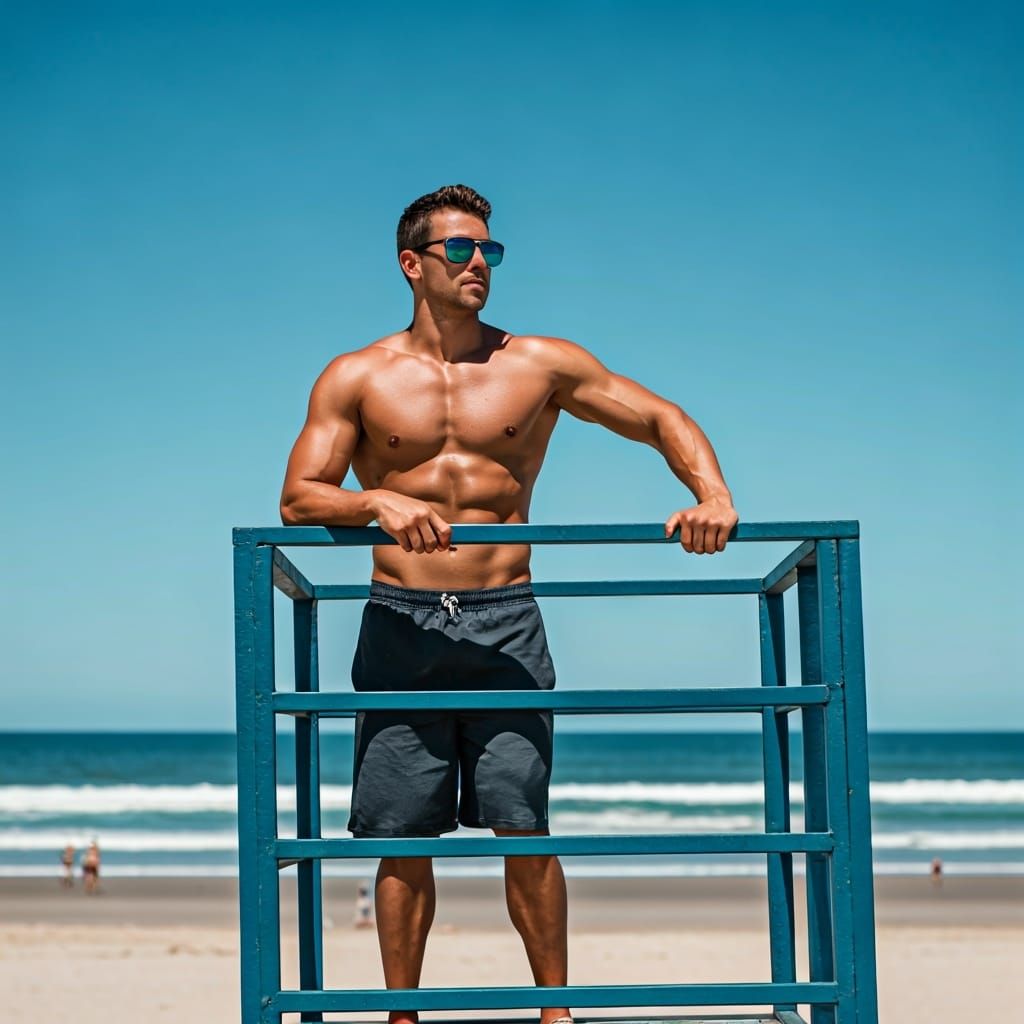 Shirtless Lifeguard in Tower: Professional Beach Photography