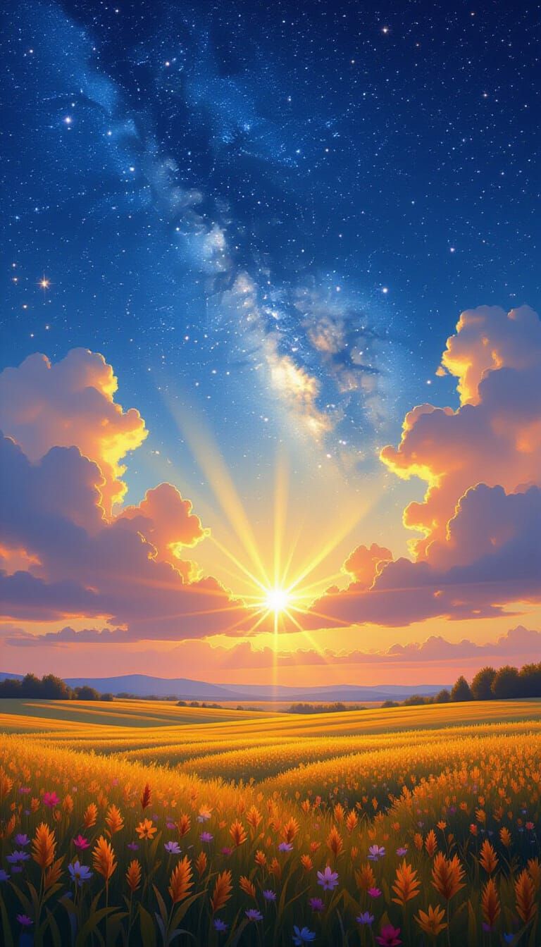 Vibrant Field Landscape Under Starry Galactic Sky