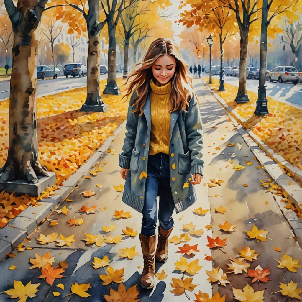Girl Plays in Autumn Park: Watercolor Impressionism