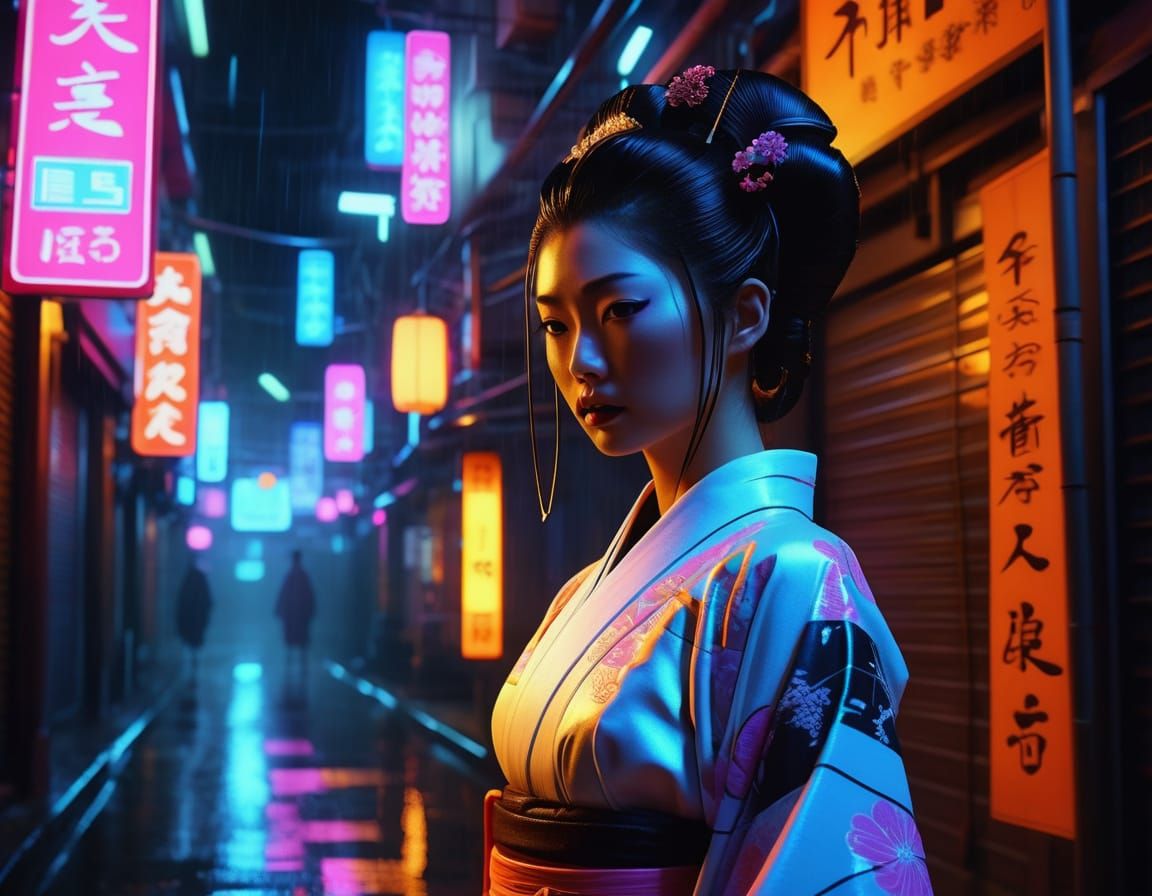 Cybernetic Geisha in Neon Alleyway, Cyberpunk Style