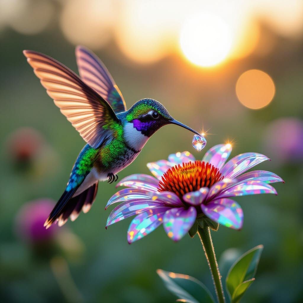 Crystal Hummingbird & Flower in Magical Light