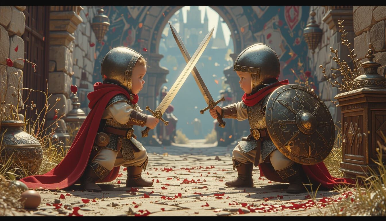 Babies in Medieval Costume Duel with Toy Swords