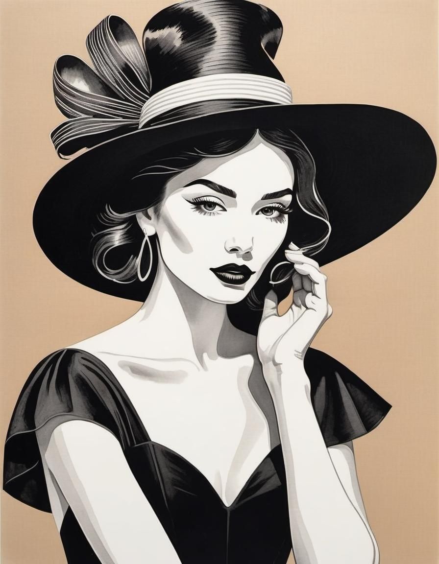 Woman in Hat: Black Dress on Manila Paper