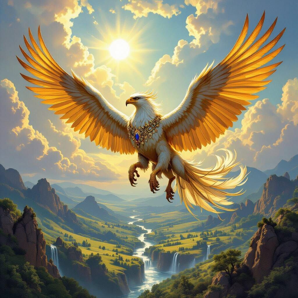 Griffin Soaring Over Fantasy Landscape
