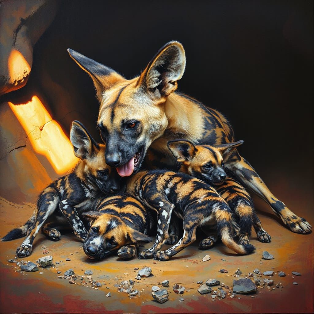 African Wild Dog Family: Impasto Acrylic Painting