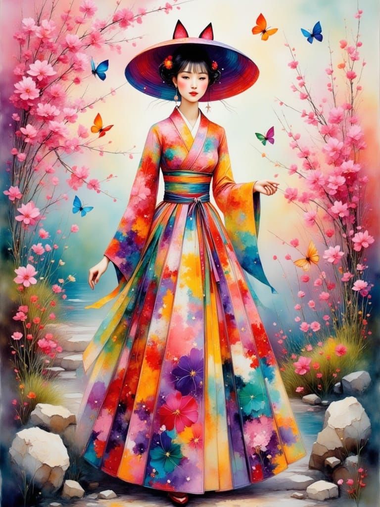 Vibrant Japanese Woman in Heart and Cat Attire