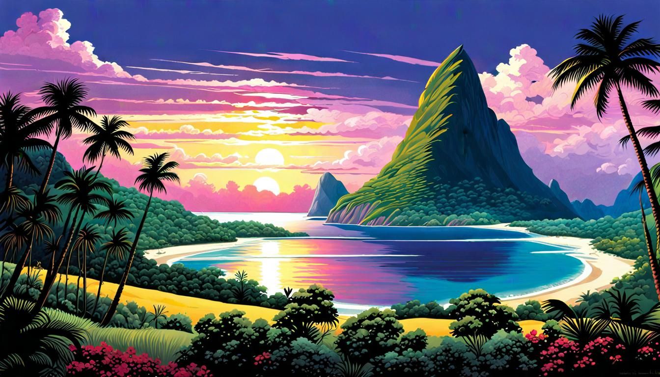 Lush Tropical Island Seascape at Sunset