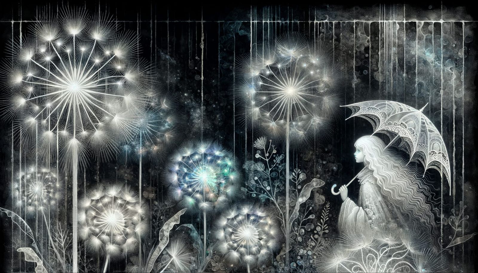 Whimsical Mother-of-Pearl Watercolor Scene with Iridescent D...