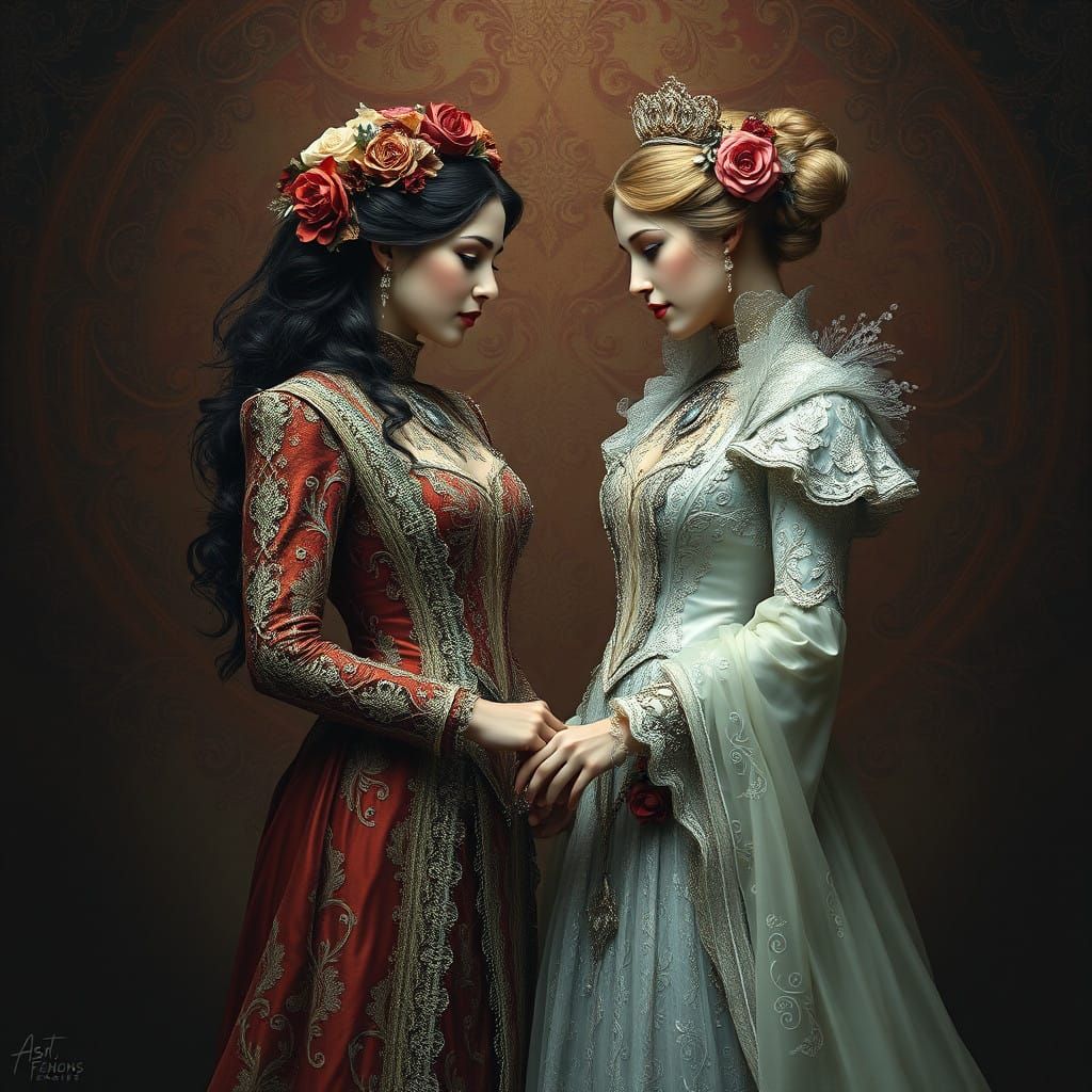 Ethereal Baroque Lesbian Couple in Jewel-Toned Realms
