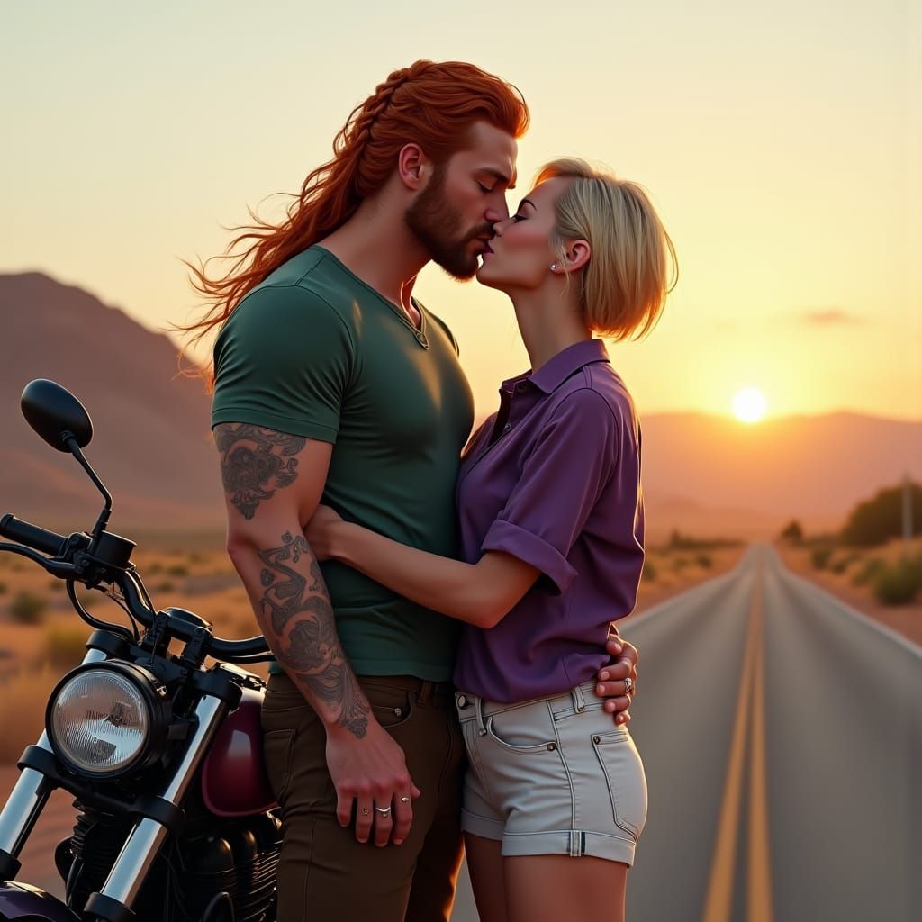 Romantic Sunset Embrace on Desolate Road