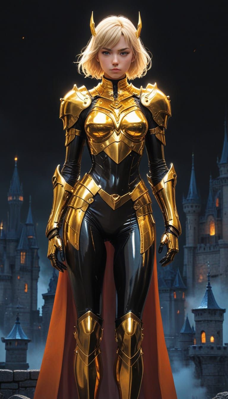 Anime Princess in Chrome Armor with Epic Castle Background