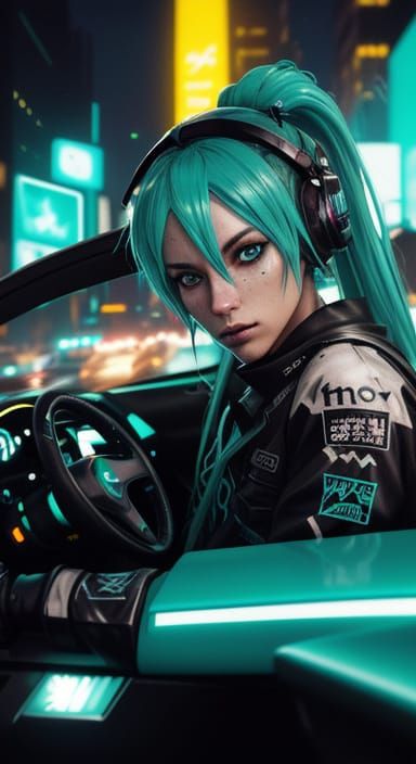 Hatsune Miku Cruises Through a Neon-Lit Dystopia