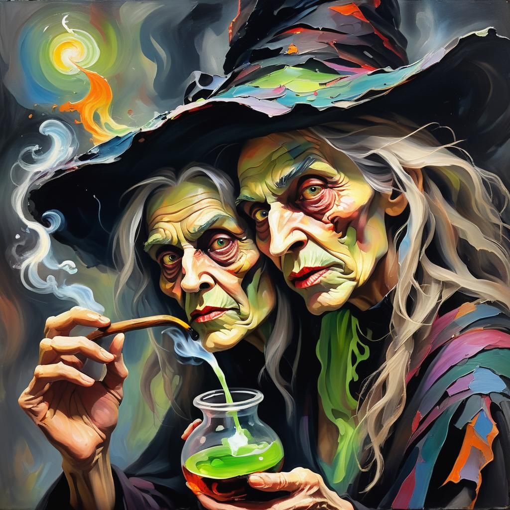 Creepy Witch Drinking Potion as Impasto Oil Painting