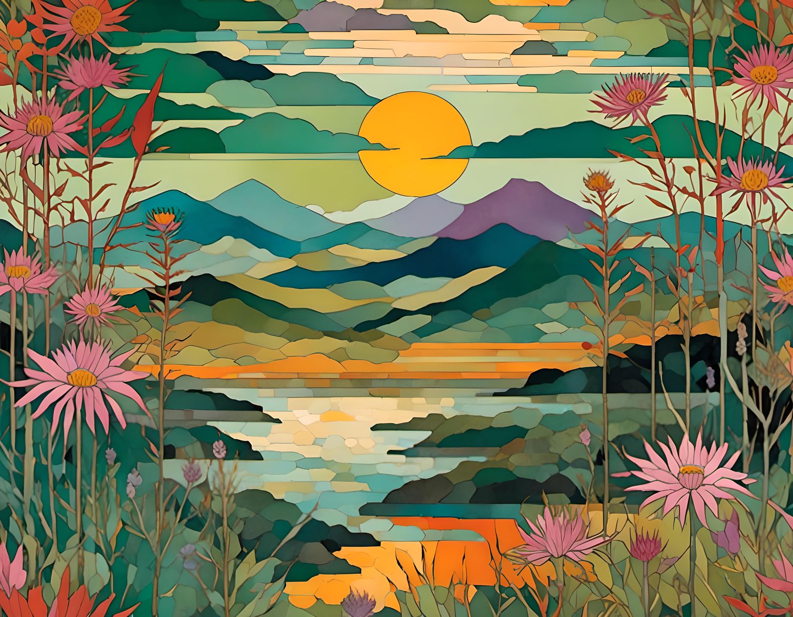 Sunset Over Rice Paddies: Balinese Art with Heron