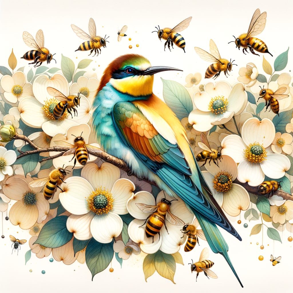 Serene European Bee Eater Amidst Golden Bees and Dogwood Blo...