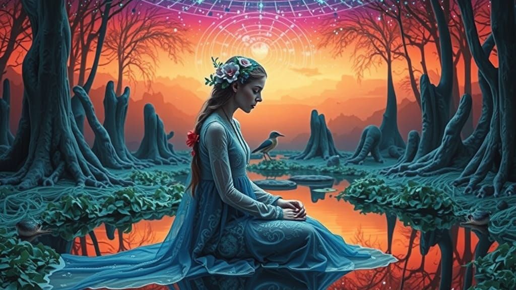 Surreal Collage of Mythical Beings in Cosmic Sunset