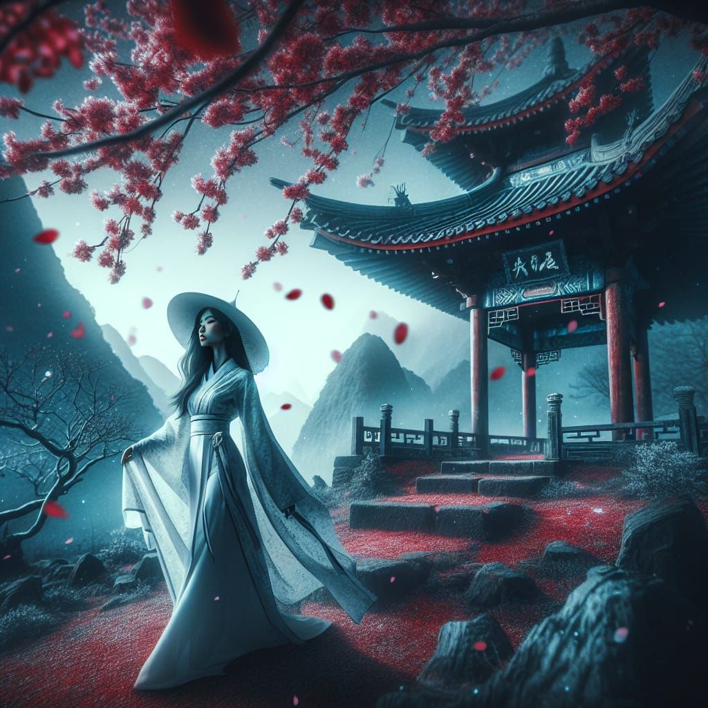 South Asian Woman in Chinese Landscape, Digital Art