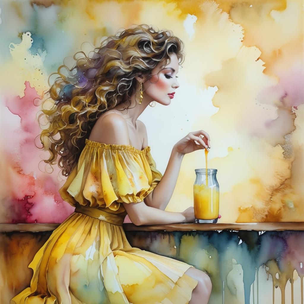 a stunning wavy haired woman wearing a yellow pastel dress s...
