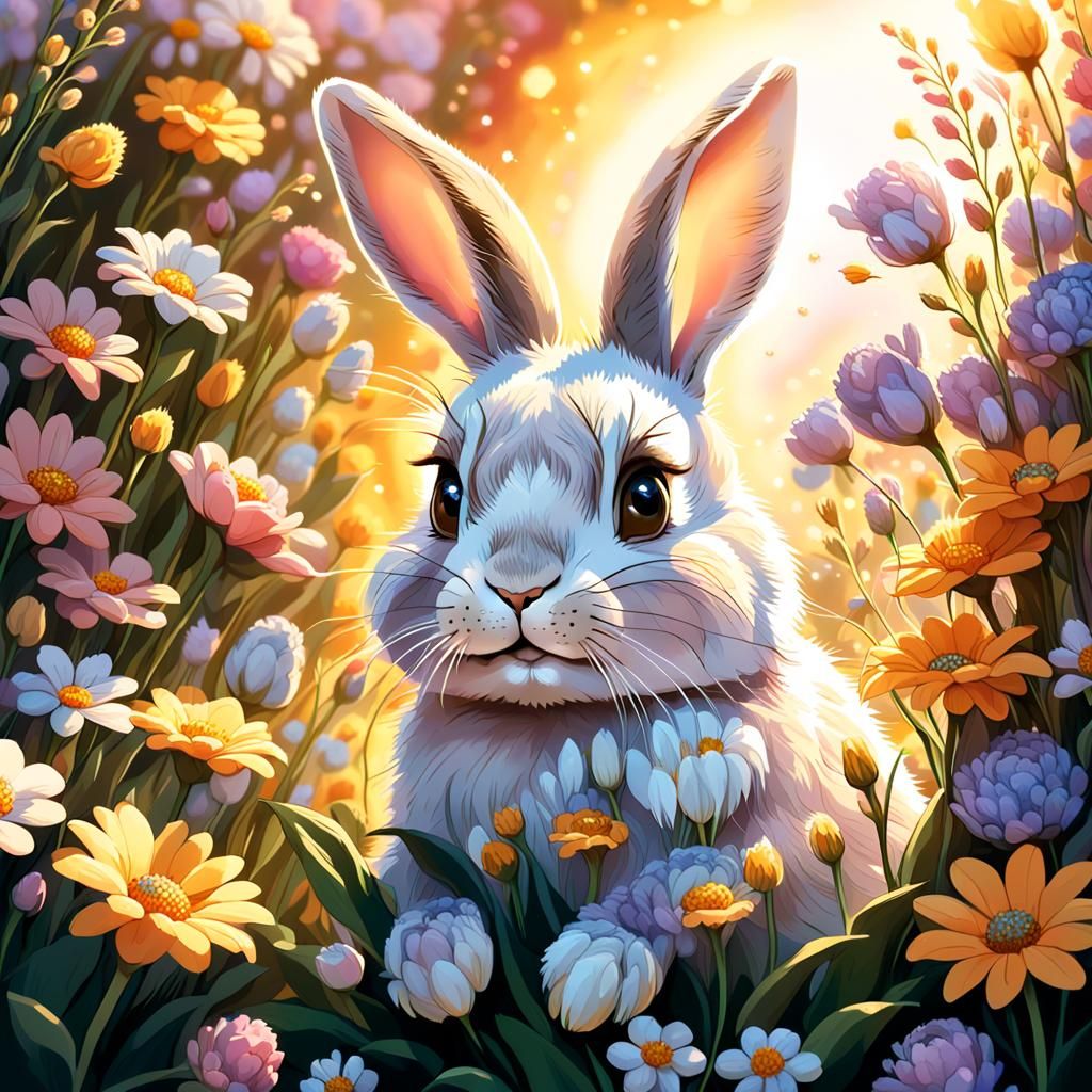 Bunny in Bouquet: Whimsical Fantasy Concept Art