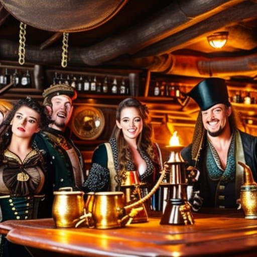 Steampunk Pirate Tavern with Captain and Crew