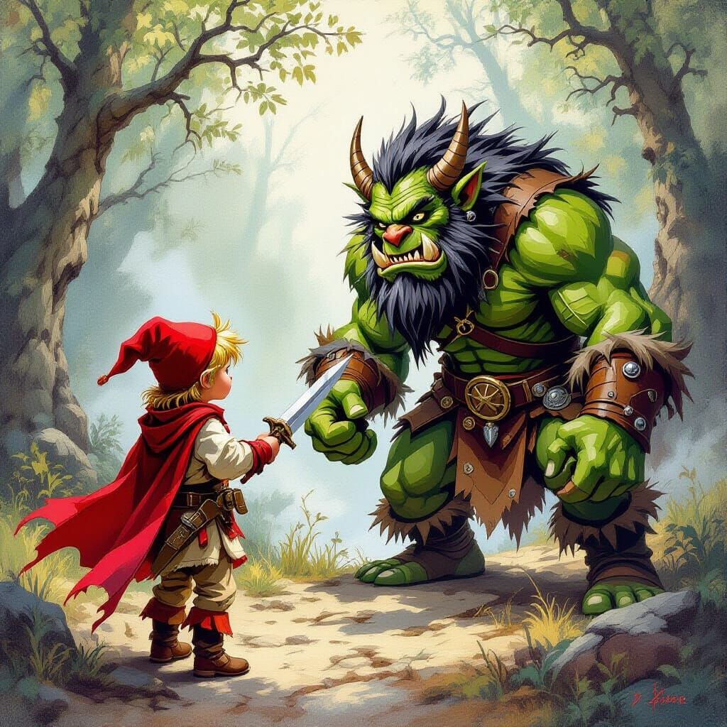 Brave Child Versus Orc in Fantasy Style