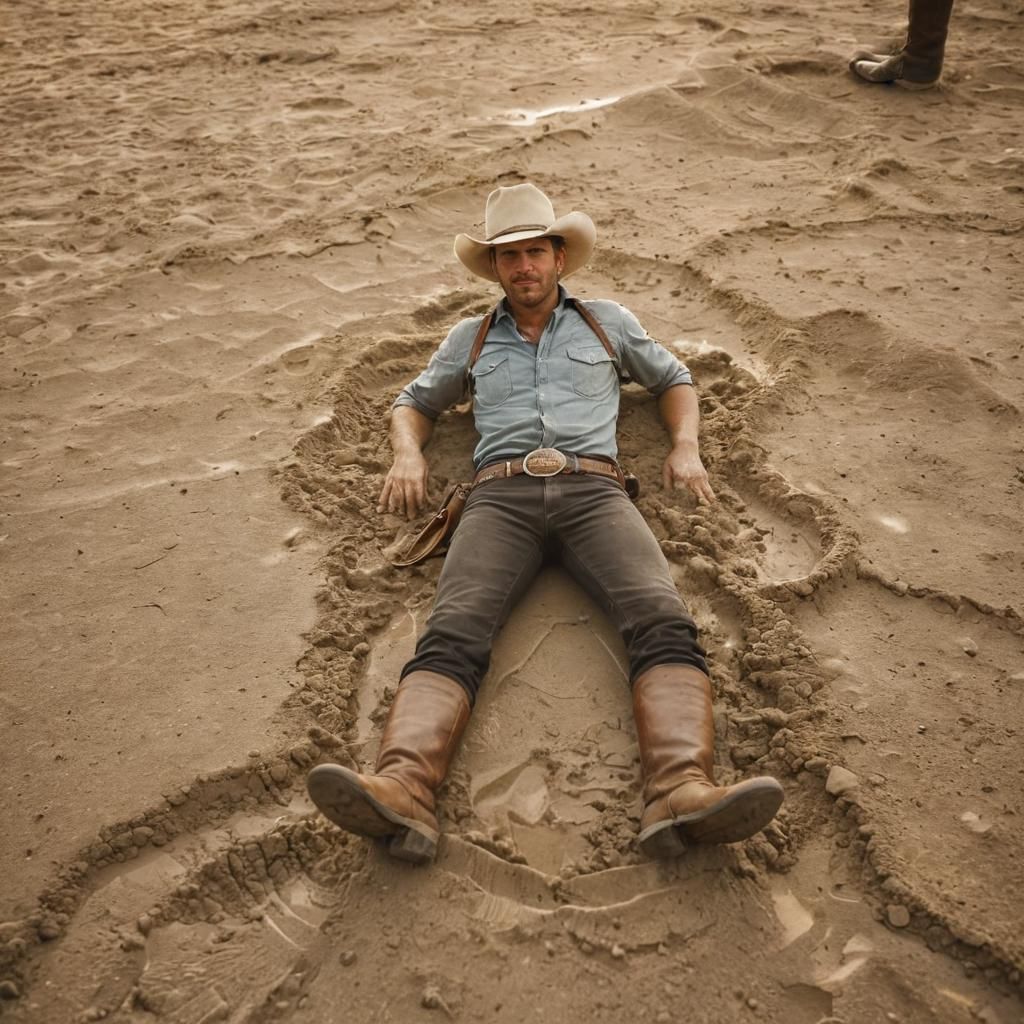 Cowboy Sinking in Quicksand: Western Cinematic Still