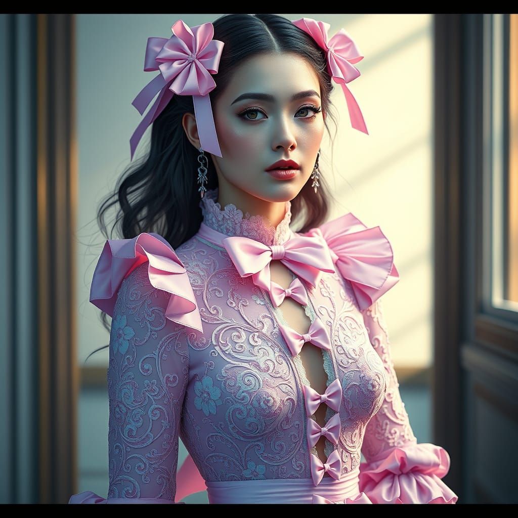 Woman in Dress with Pink Bows, Detailed Digital Art