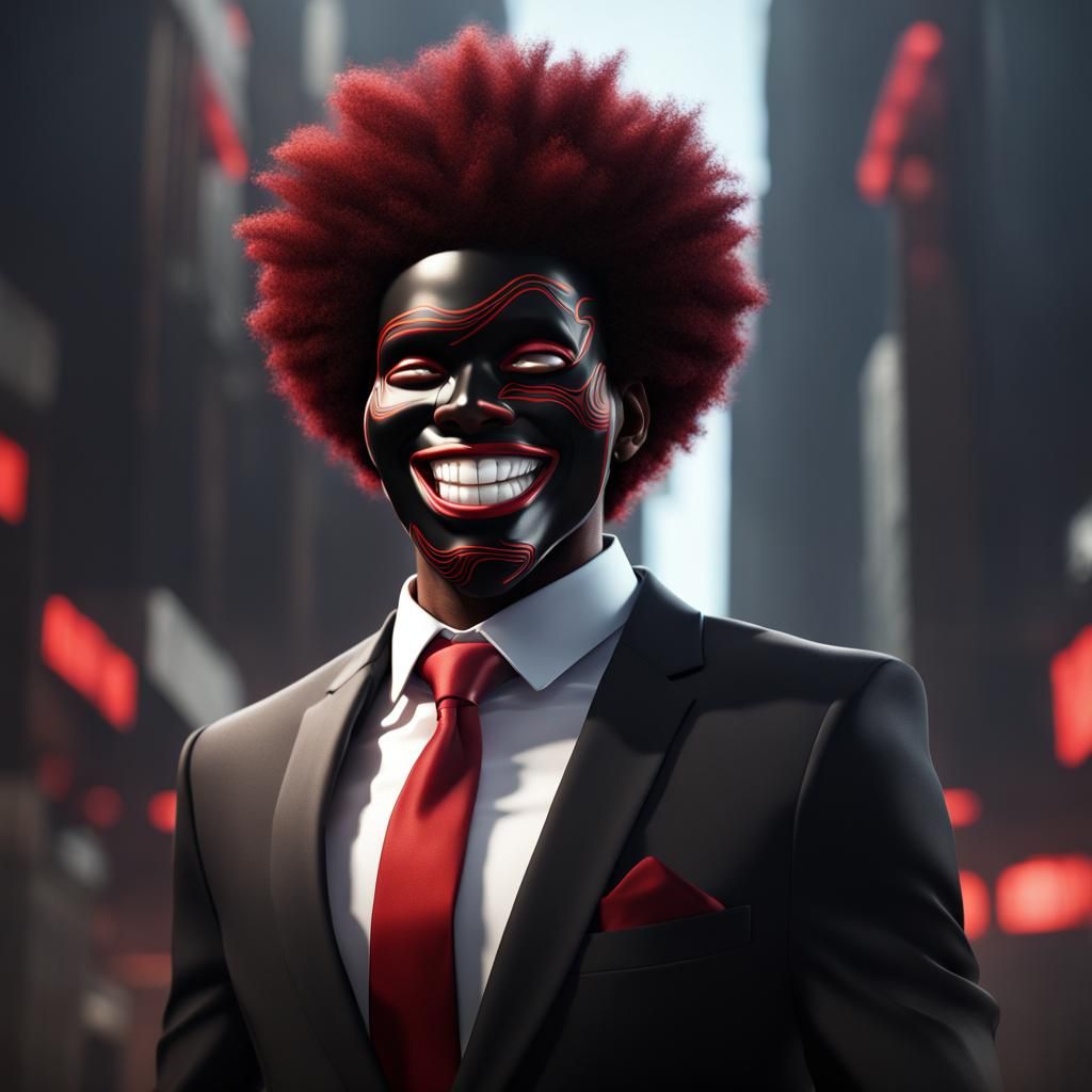Black Man Laughing with Anime Mask, Detailed Matte Painting