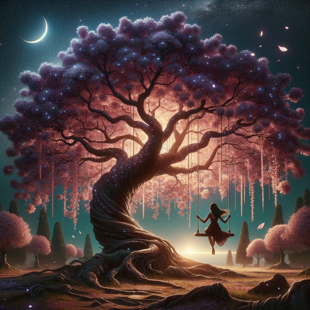 Woman on Swing Under Crystalline Cherry Blossom Tree