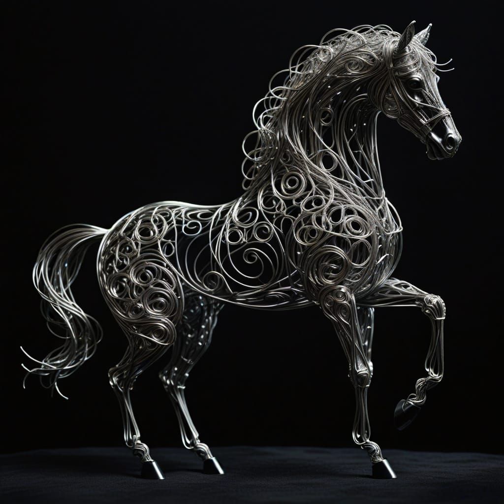 Elegant Silver Wire Horse Sculpture in Moody Black Velvet