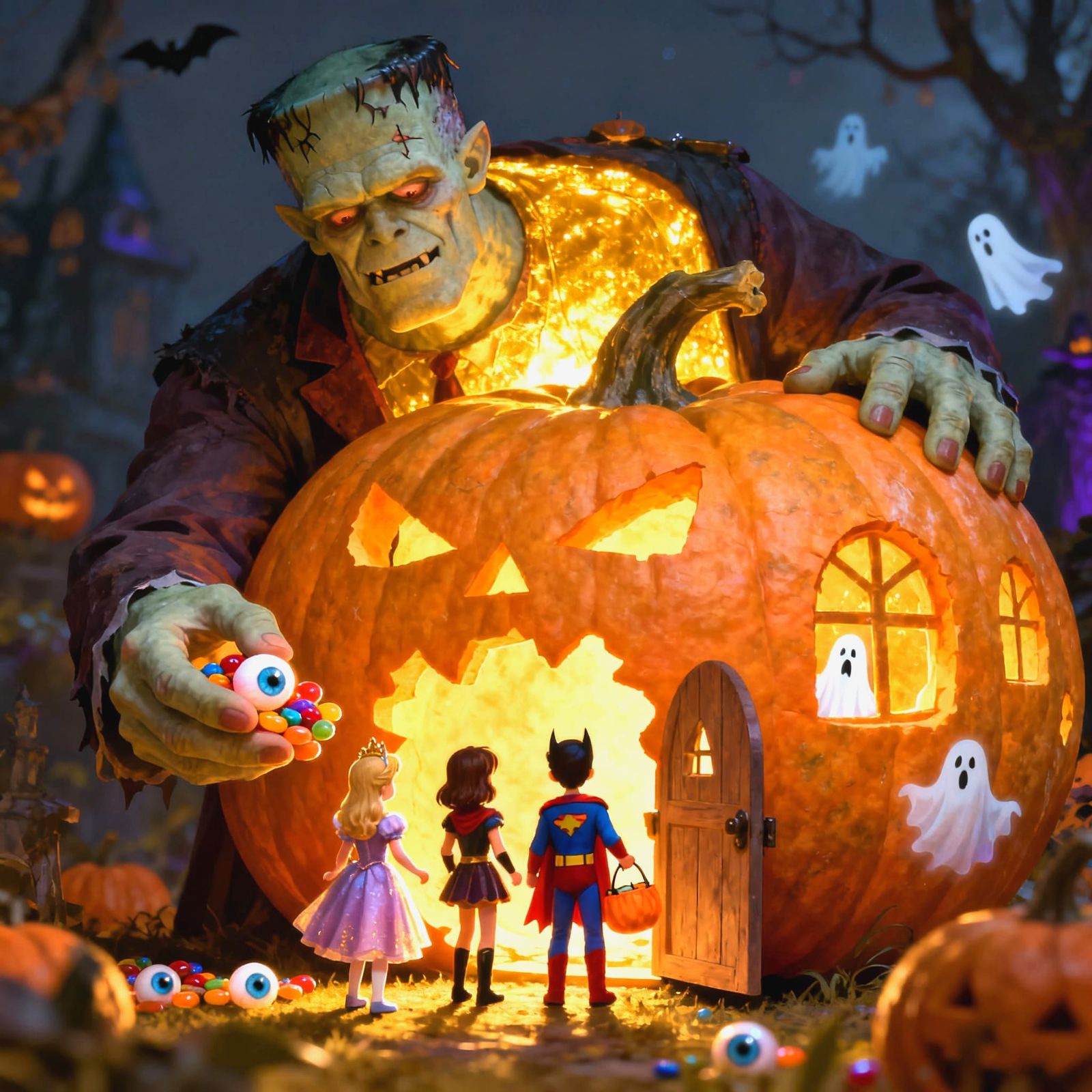 Spooky Halloween Scene with Tiny Trick-Or-Treaters