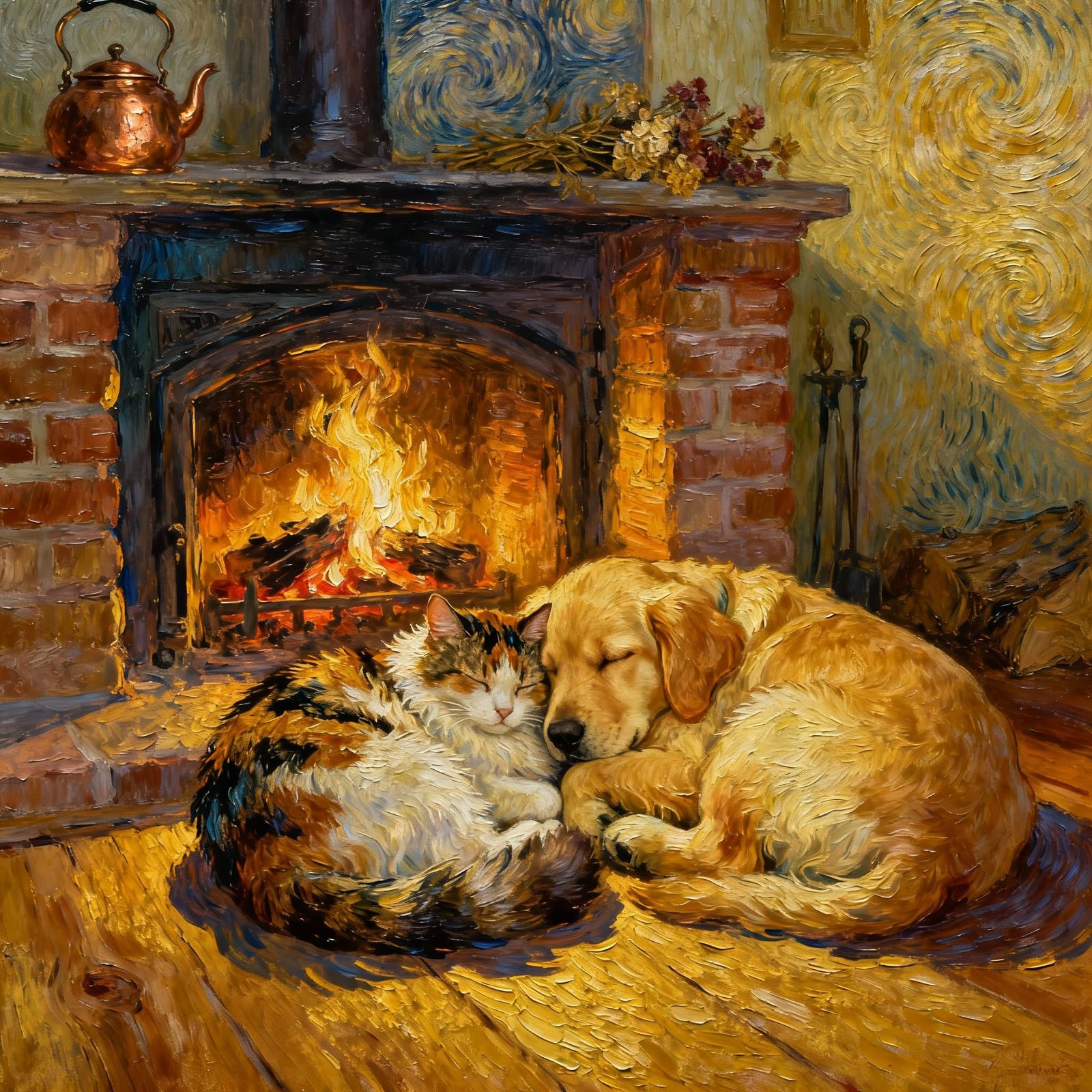 Fluffy Cat & Puppy Sleeping by Fireplace Painting