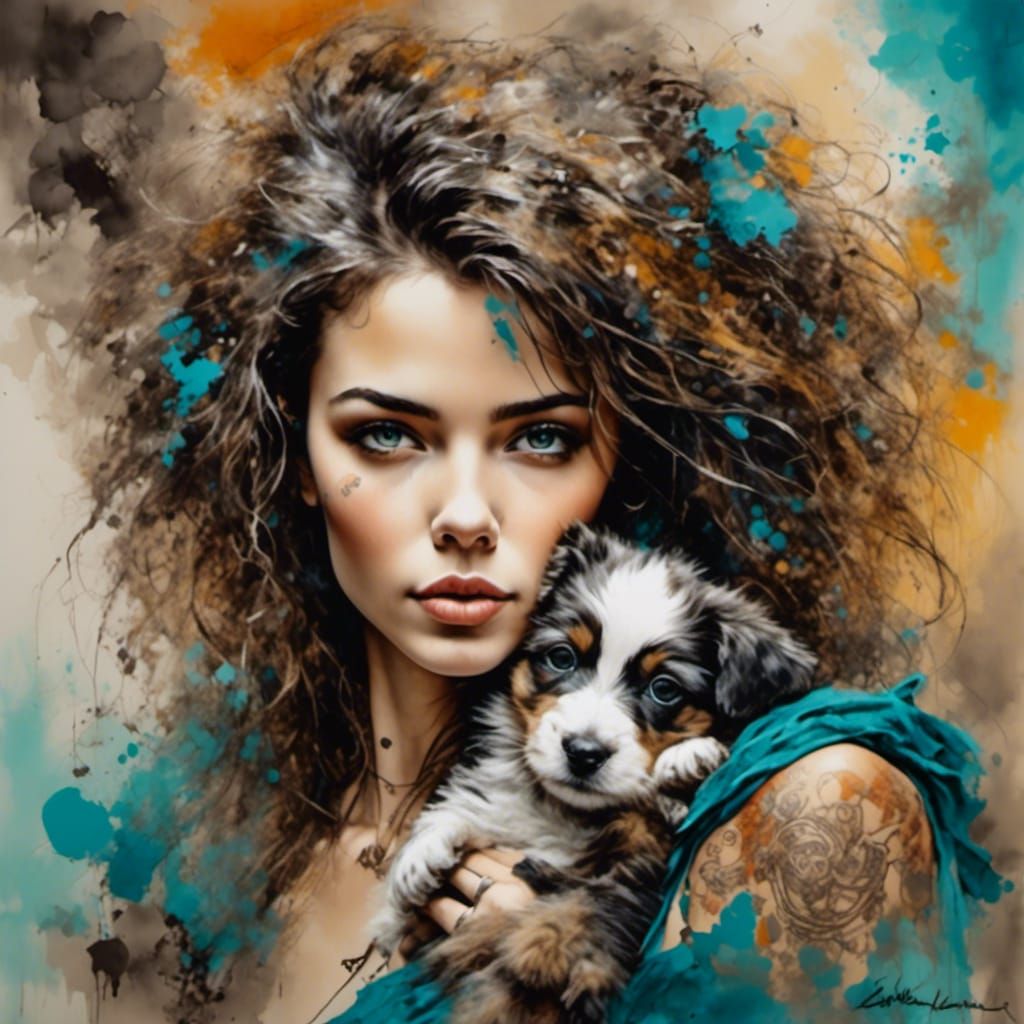 Young Woman with Puppy: Dynamic Mixed Media Portrait
