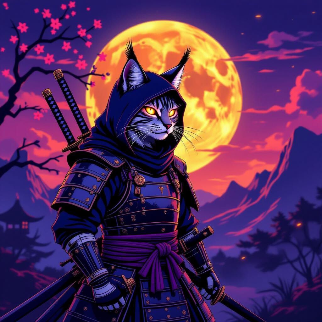 Bobcat Samurai Warrior in Dramatic Moonlight