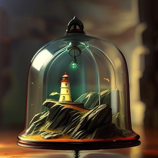 Lighthouse in Glass Cloche: Dreamy Digital Art