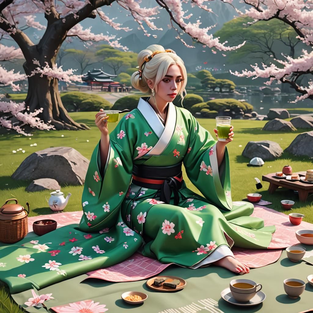 Lady Gaga in Kimono with Sakura Blossoms: Anime Art