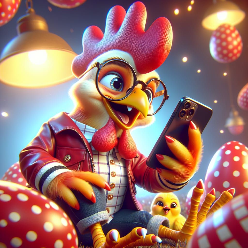Rooster Watching Phone in Detailed Matte Painting