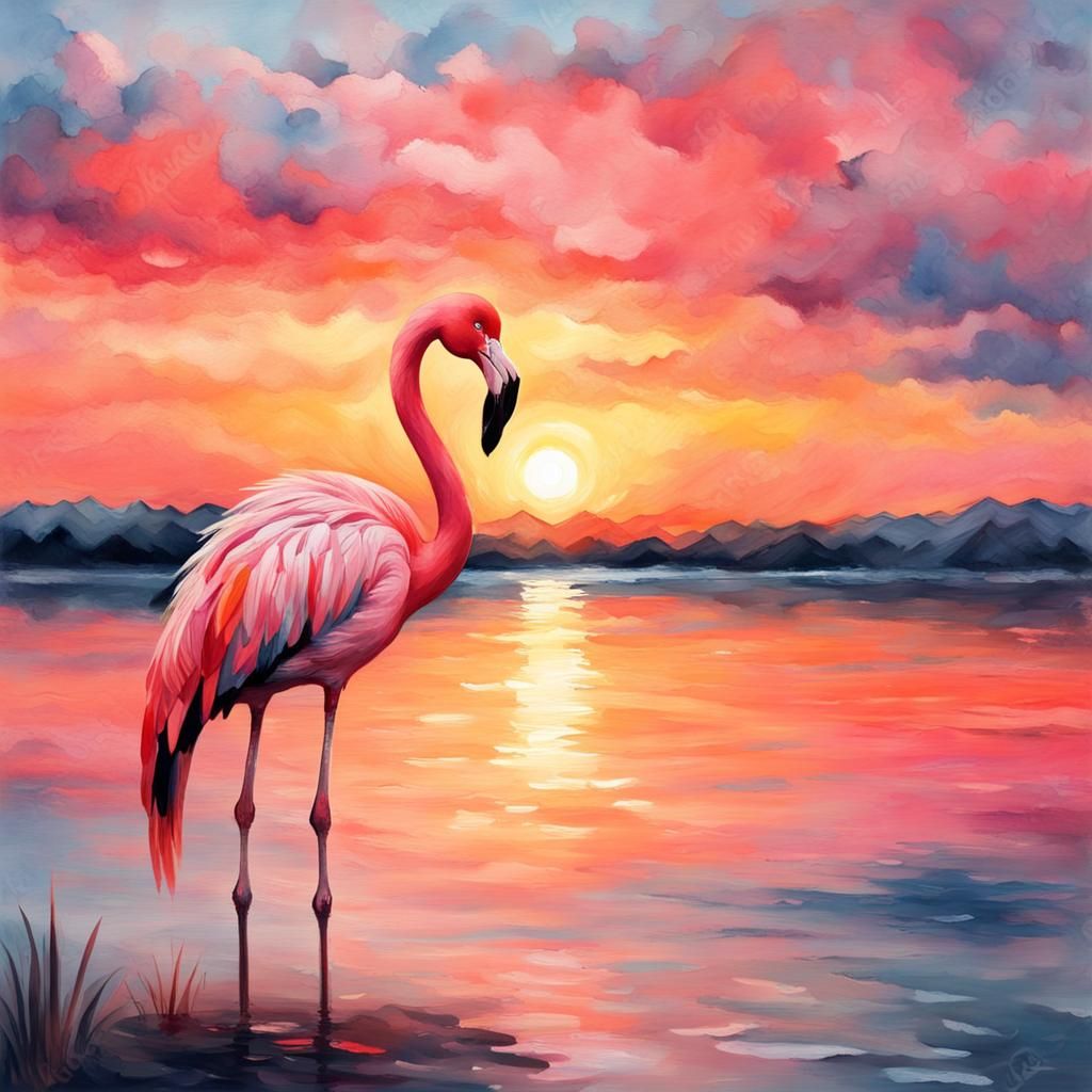 Flamingo at Sunset: Gouache Impressionist Masterpiece