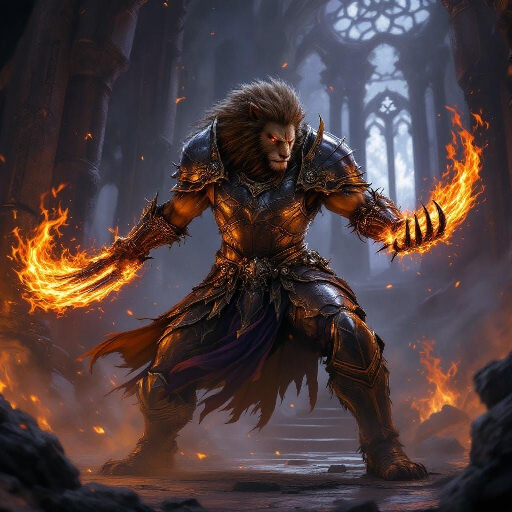 Lion Beast-Man Warrior with Flaming Claws